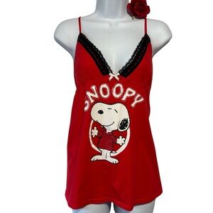 COUQUETTE BABYDOLL CAMI Peanuts Snoopy XL Top Red White Graphic Black Lace Trim